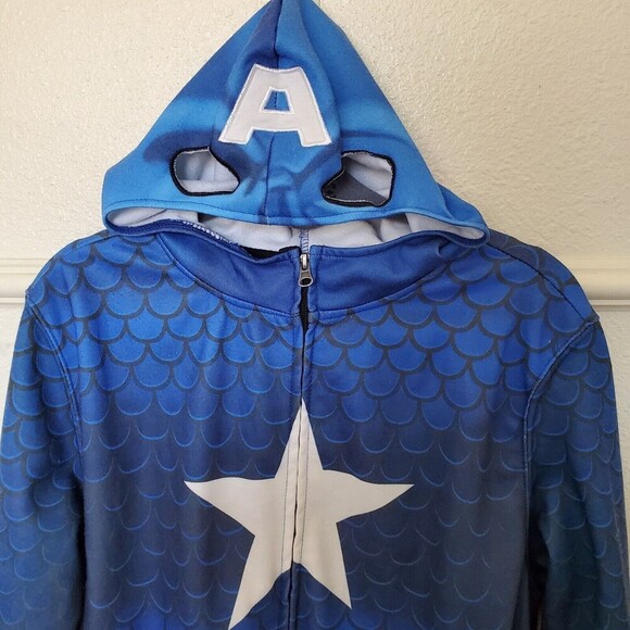 Captain America Men’s Jacket Red White Blue Full Zip Hoodie Mask Size L Costume - Picture 2 of 12
